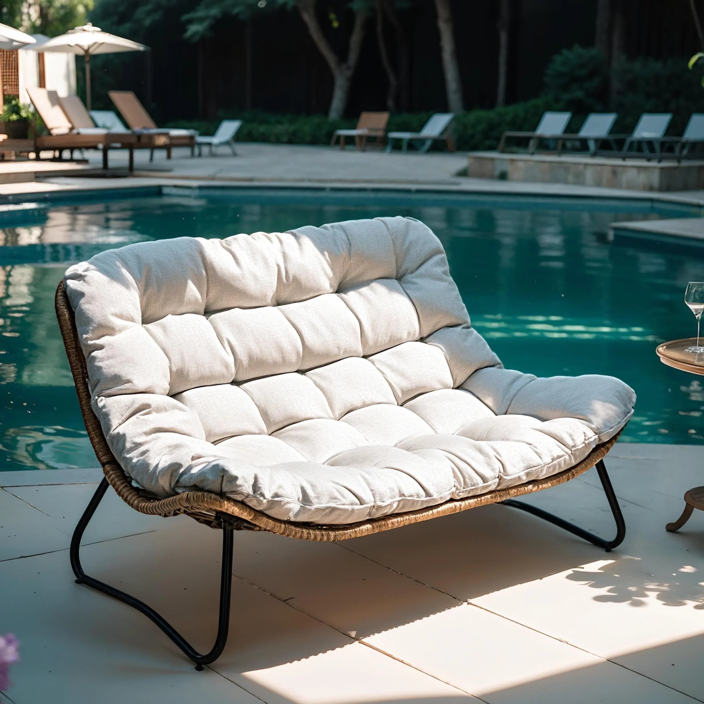 Fauteuil Papasan double deux places avec coussin, en rotin PE résistant aux intempéries et structure en métal pour intérieur et extérieur
