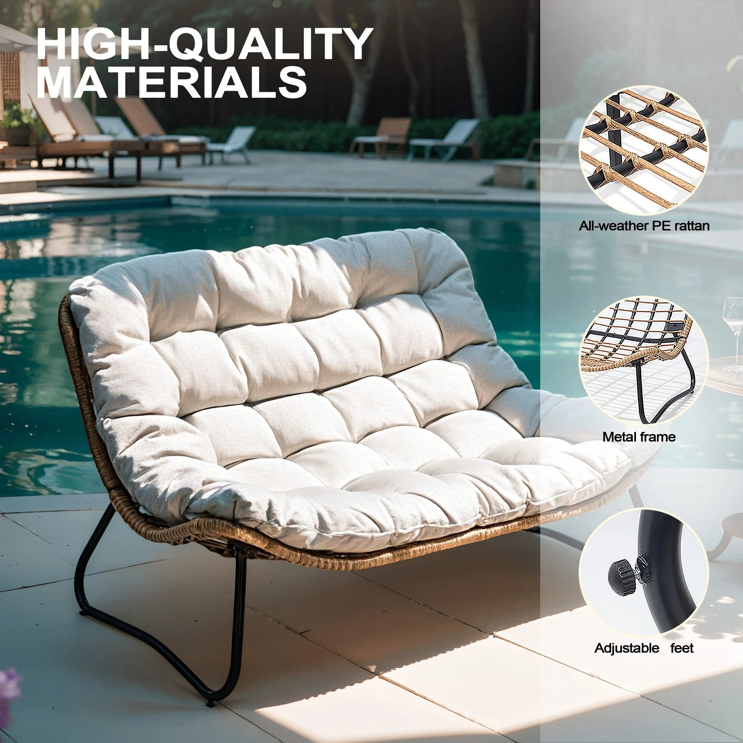 Fauteuil Papasan double deux places avec coussin, en rotin PE résistant aux intempéries et structure en métal pour intérieur et extérieur