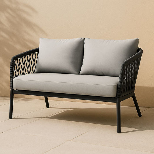 Canapé d'Extérieur en Métal Noir avec Coussins en Polyester Gris