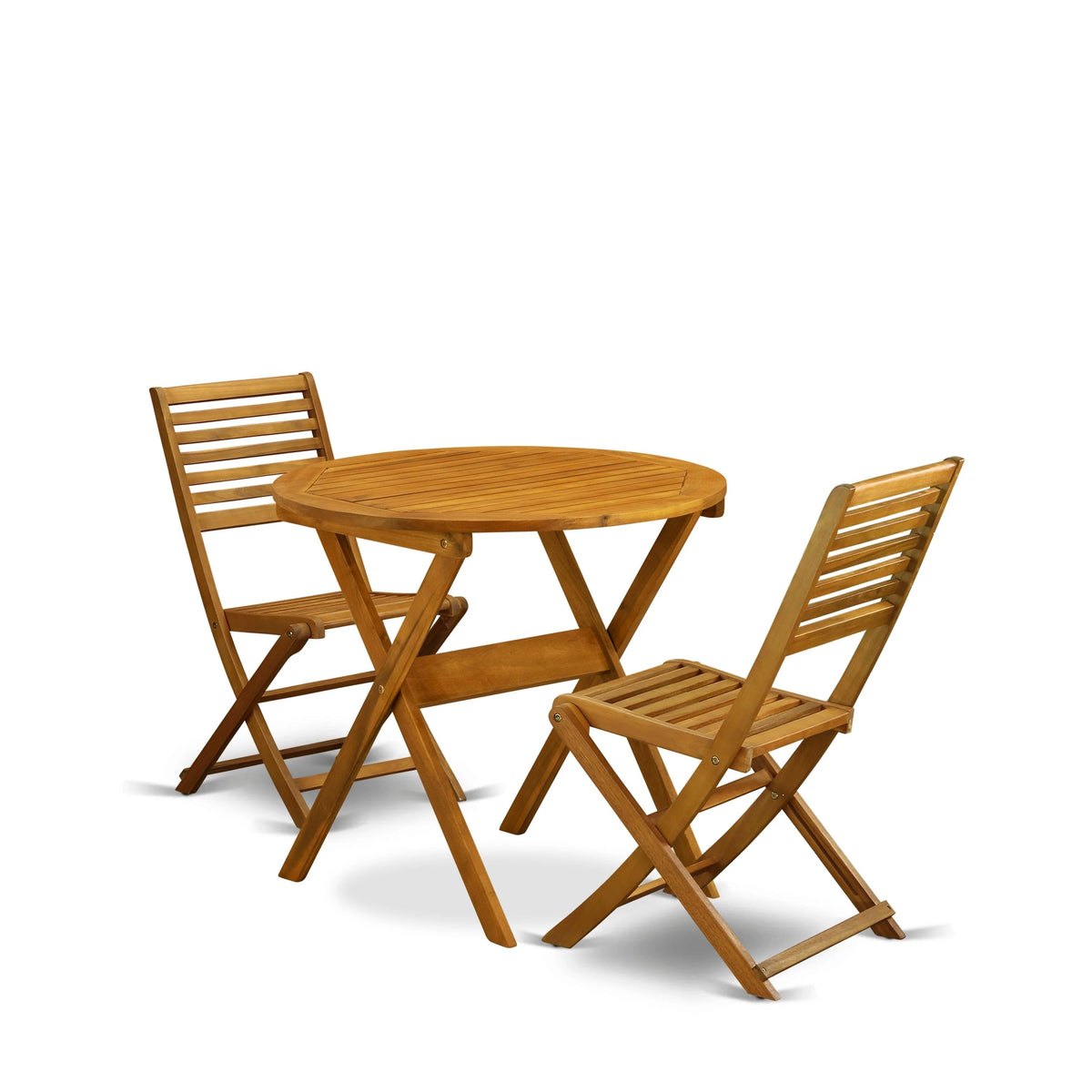Ensemble bistro d'extérieur East West Furniture comprenant une table basse ronde en bois et 2 chaises pliantes, finition huile naturelle