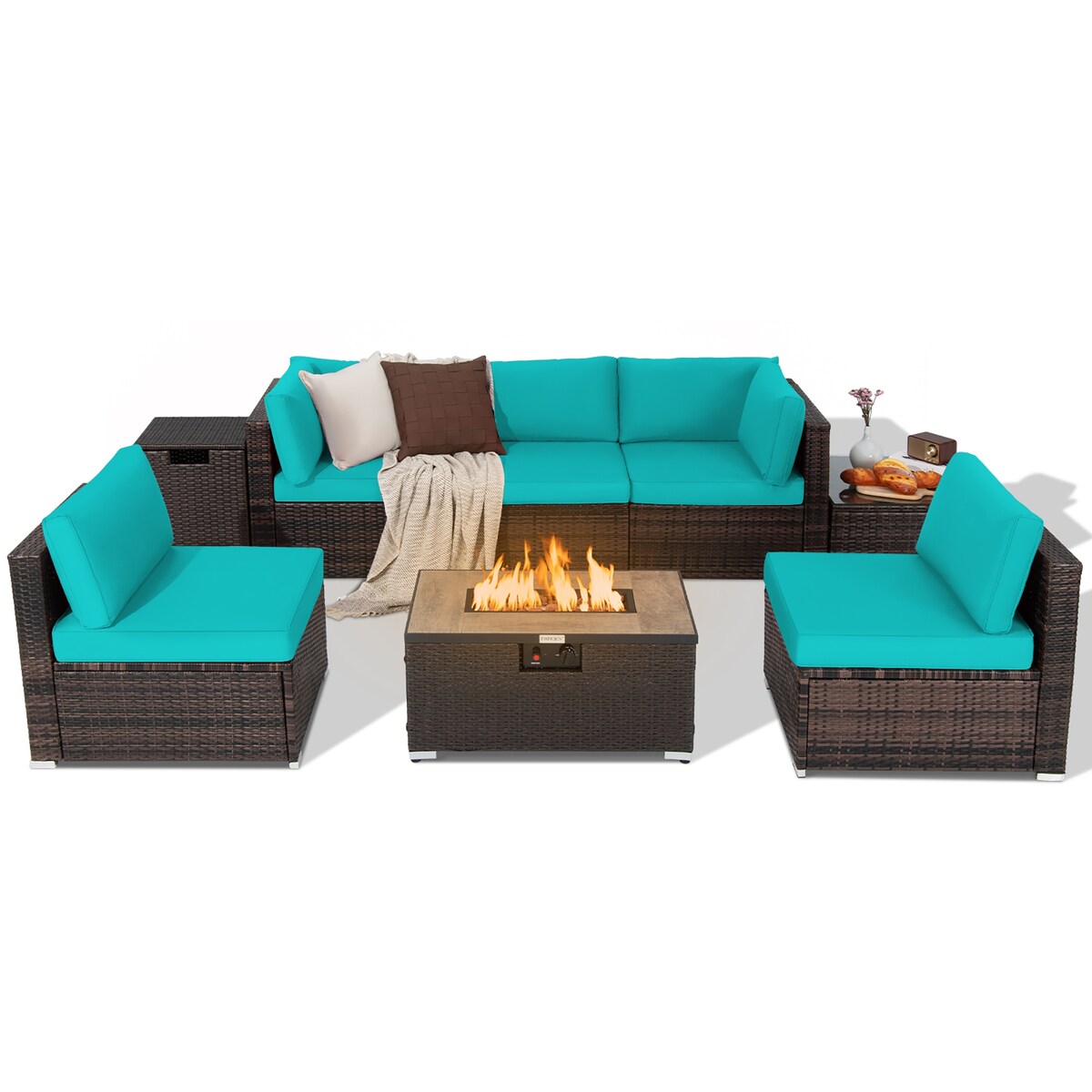 Ensemble de mobilier de patio en rotin 8 pièces comprenant une table foyer, un support pour bouteille de gaz et une housse de protection.