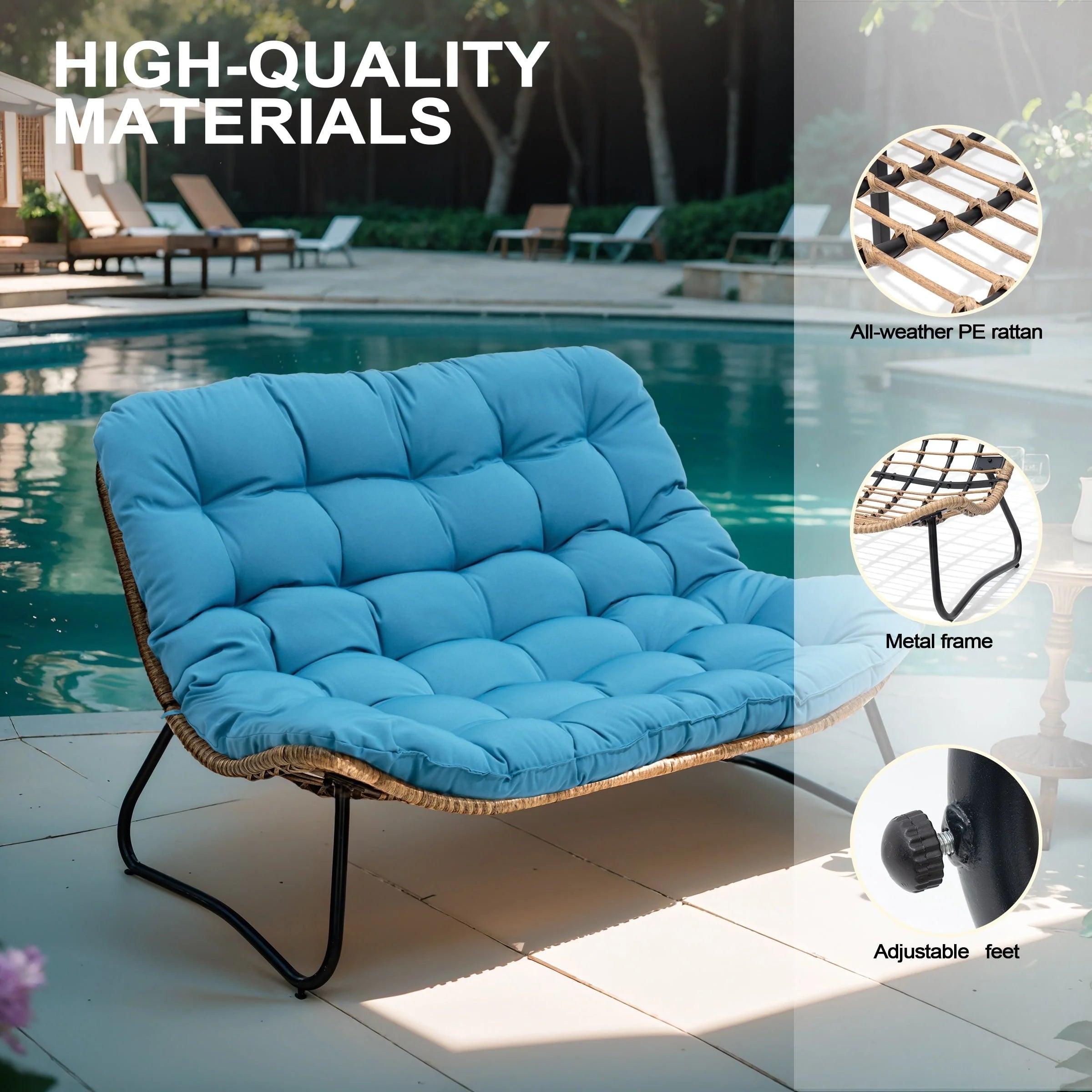 Fauteuil Papasan double deux places avec coussin, en rotin PE résistant aux intempéries et structure en métal pour intérieur et extérieur