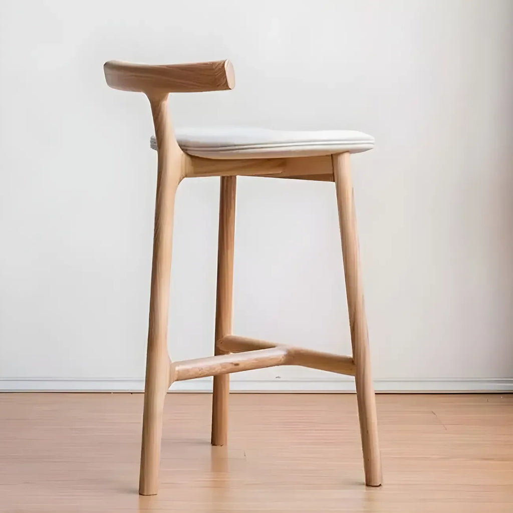 Tabouret de bar sans accoudoirs en bois de frêne naturel et tissu, trépied.