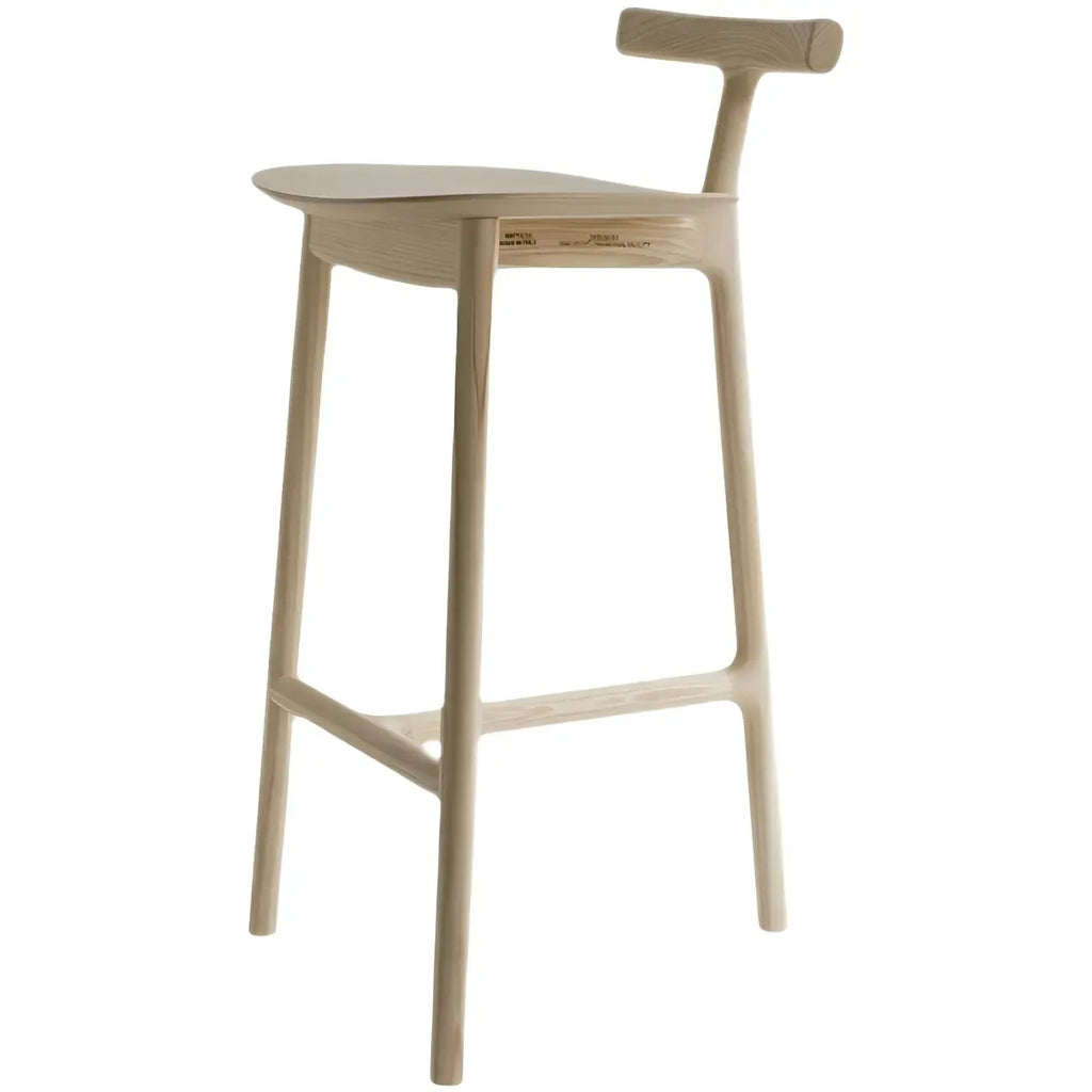 Tabouret de bar sans accoudoirs en bois de frêne naturel et tissu, trépied.