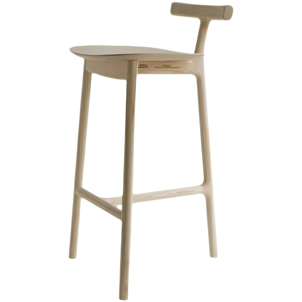 Tabouret de bar sans accoudoirs en bois de frêne naturel et tissu, trépied.