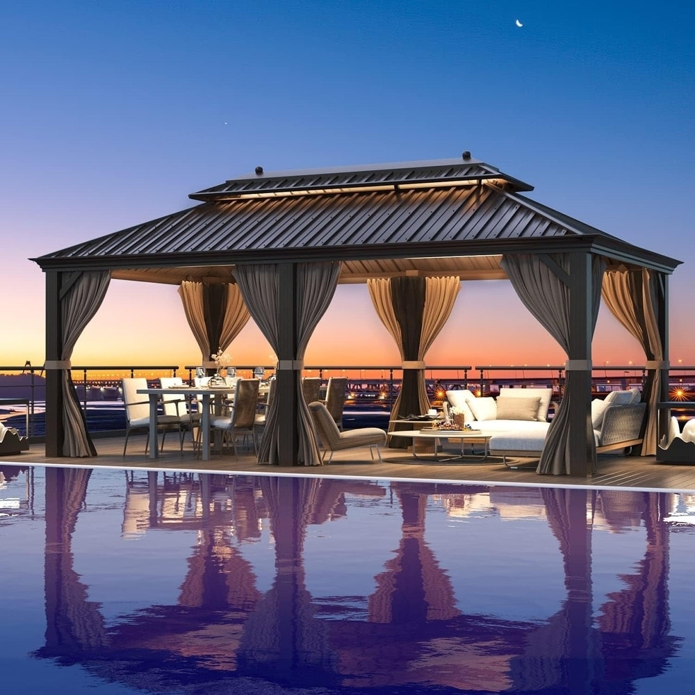 Gazebo Erommy à toit rigide avec structure en aluminium et double toit, gazebo extérieur permanent comprenant rideaux et moustiquaire pour terrasse ou jardin