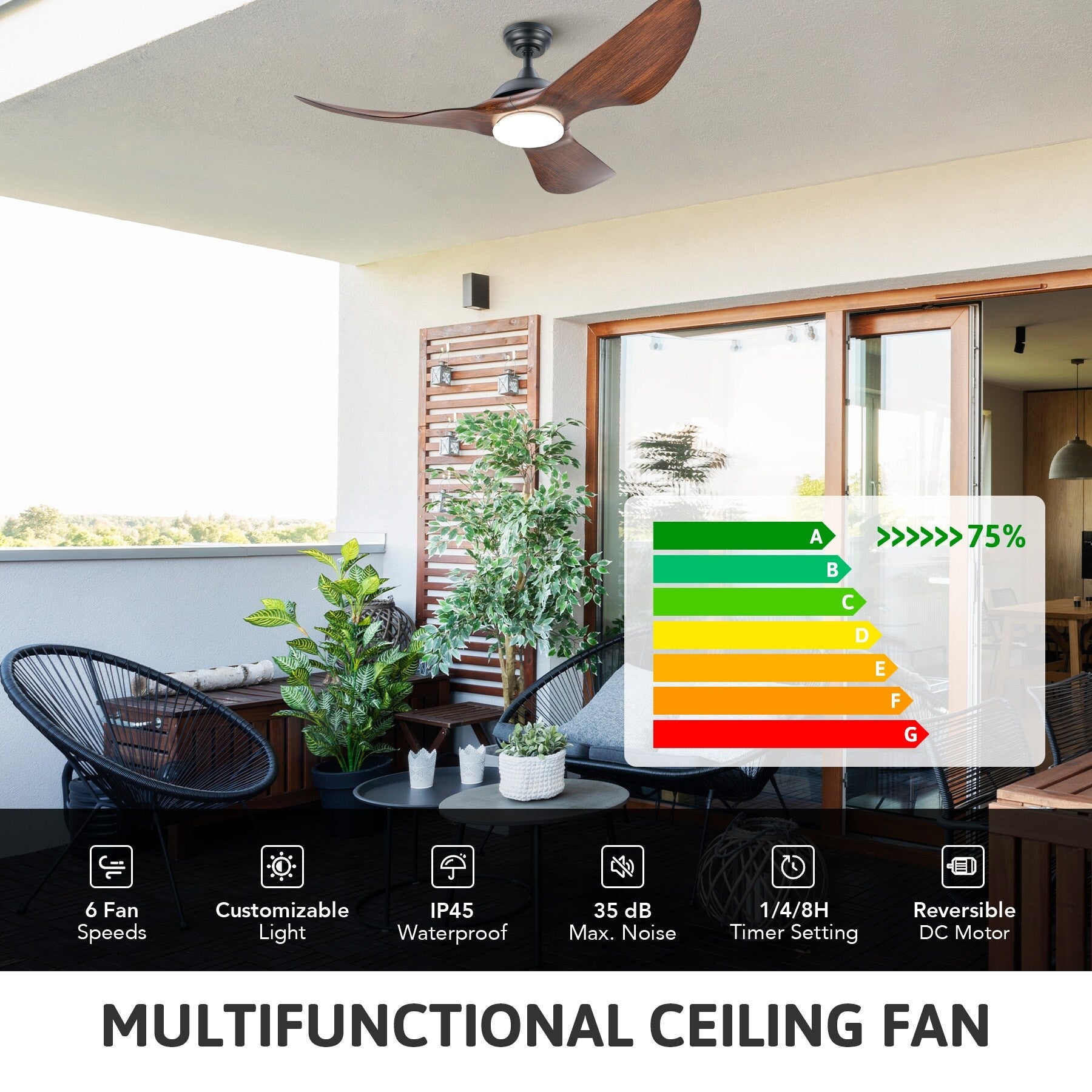 Ventilateur de plafond extérieur étanche CO-Z 52 avec éclairage LED à intensité variable et télécommande