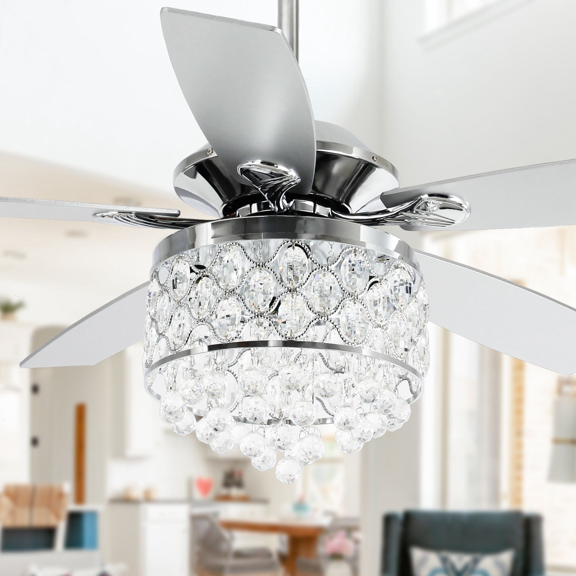 Lustre/ventilateur de plafond à 4 lumières chromé/cristal avec télécommande