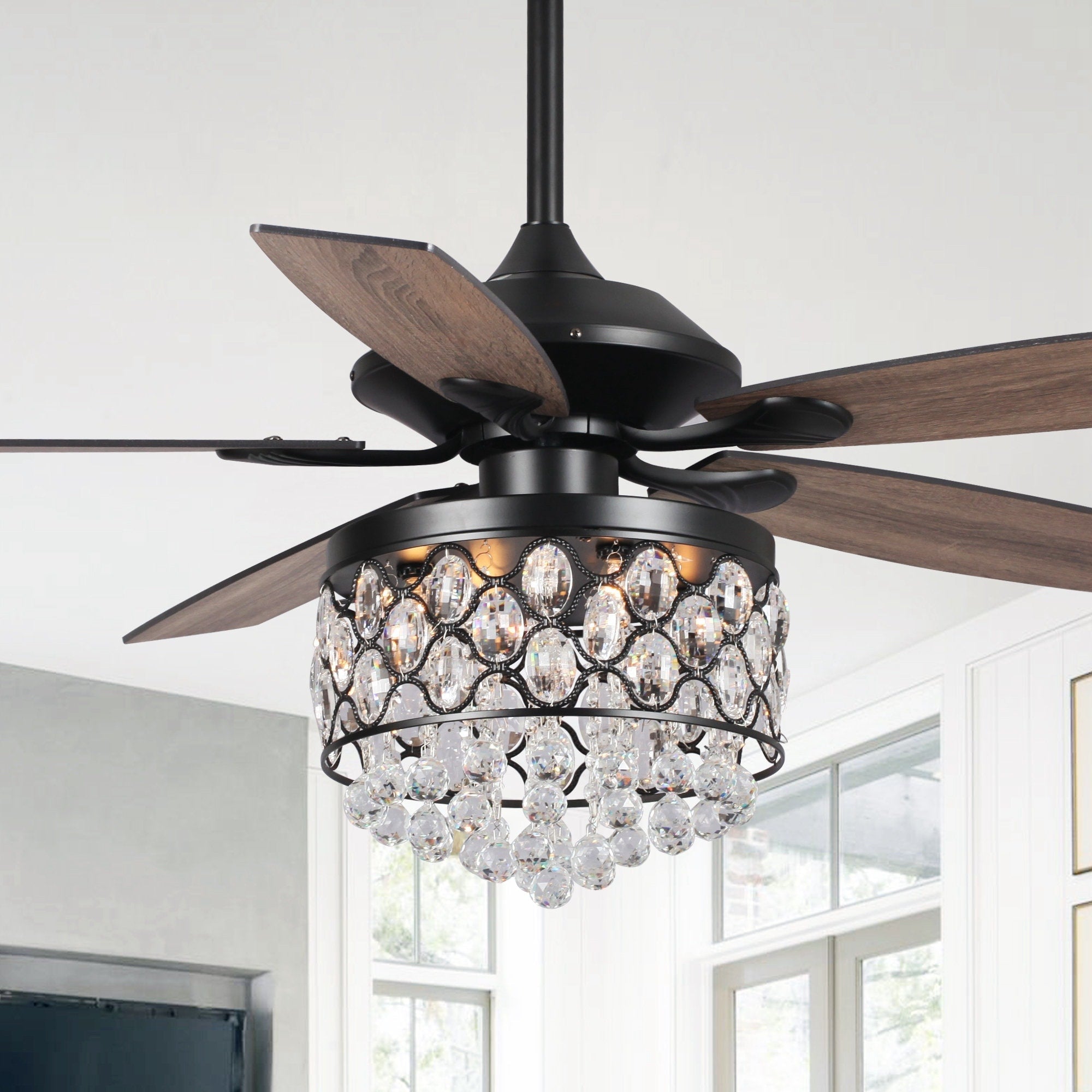 Lustre/ventilateur de plafond à 4 lumières chromé/cristal avec télécommande