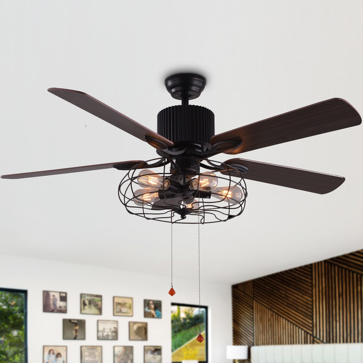 Ventilateur de plafond CurveCurio style industriel ferme, cage noire à 5 lumières, avec éclairage, télécommande et chaînette, 42-48-52 pouces.