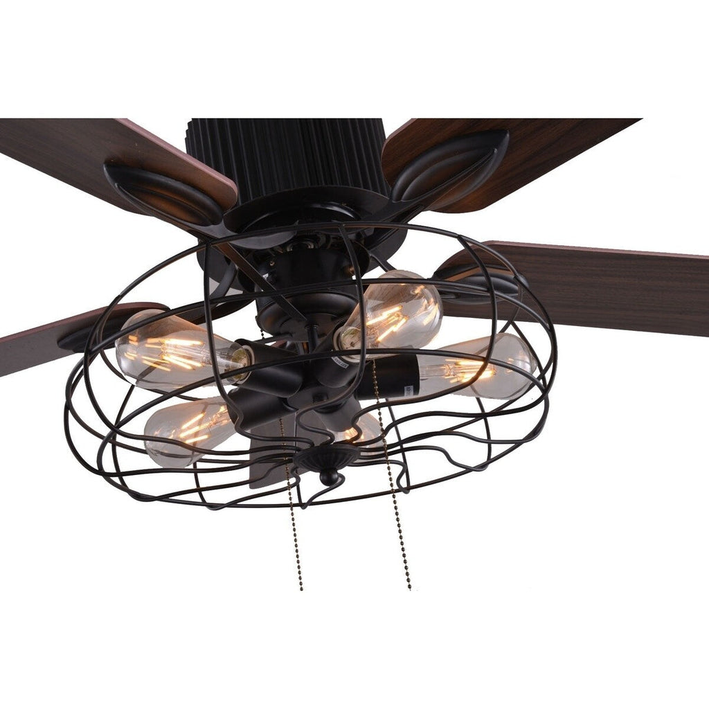 Ventilateur de plafond CurveCurio style industriel ferme, cage noire à 5 lumières, avec éclairage, télécommande et chaînette, 42-48-52 pouces.
