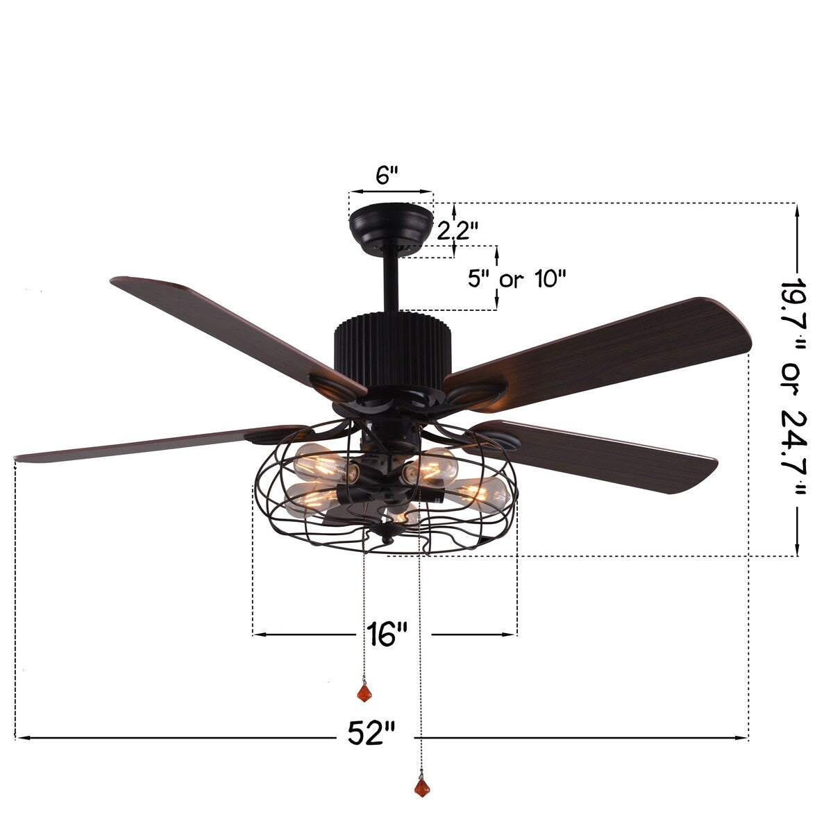 Ventilateur de plafond CurveCurio style industriel ferme, cage noire à 5 lumières, avec éclairage, télécommande et chaînette, 42-48-52 pouces.