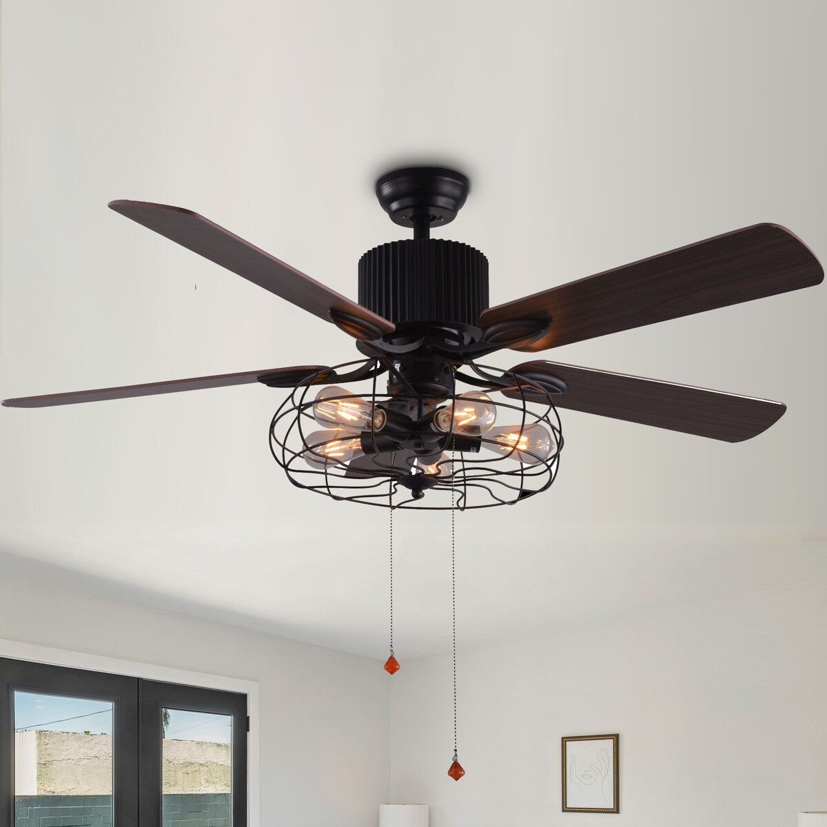 Ventilateur de plafond CurveCurio style industriel ferme, cage noire à 5 lumières, avec éclairage, télécommande et chaînette, 42-48-52 pouces.