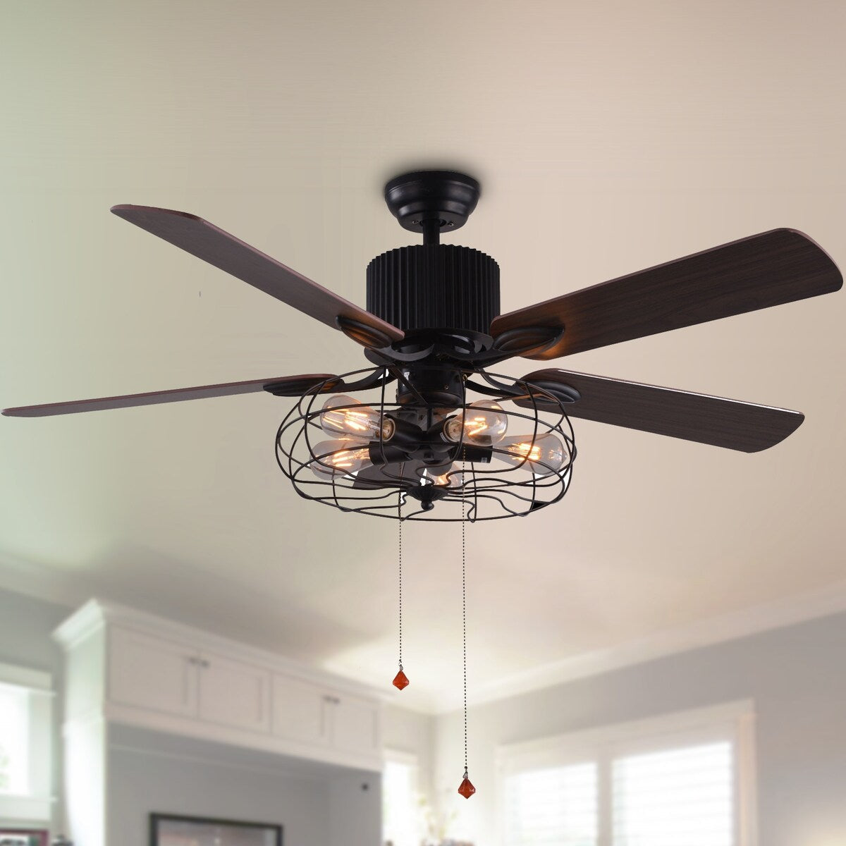 Ventilateur de plafond CurveCurio style industriel ferme, cage noire à 5 lumières, avec éclairage, télécommande et chaînette, 42-48-52 pouces.