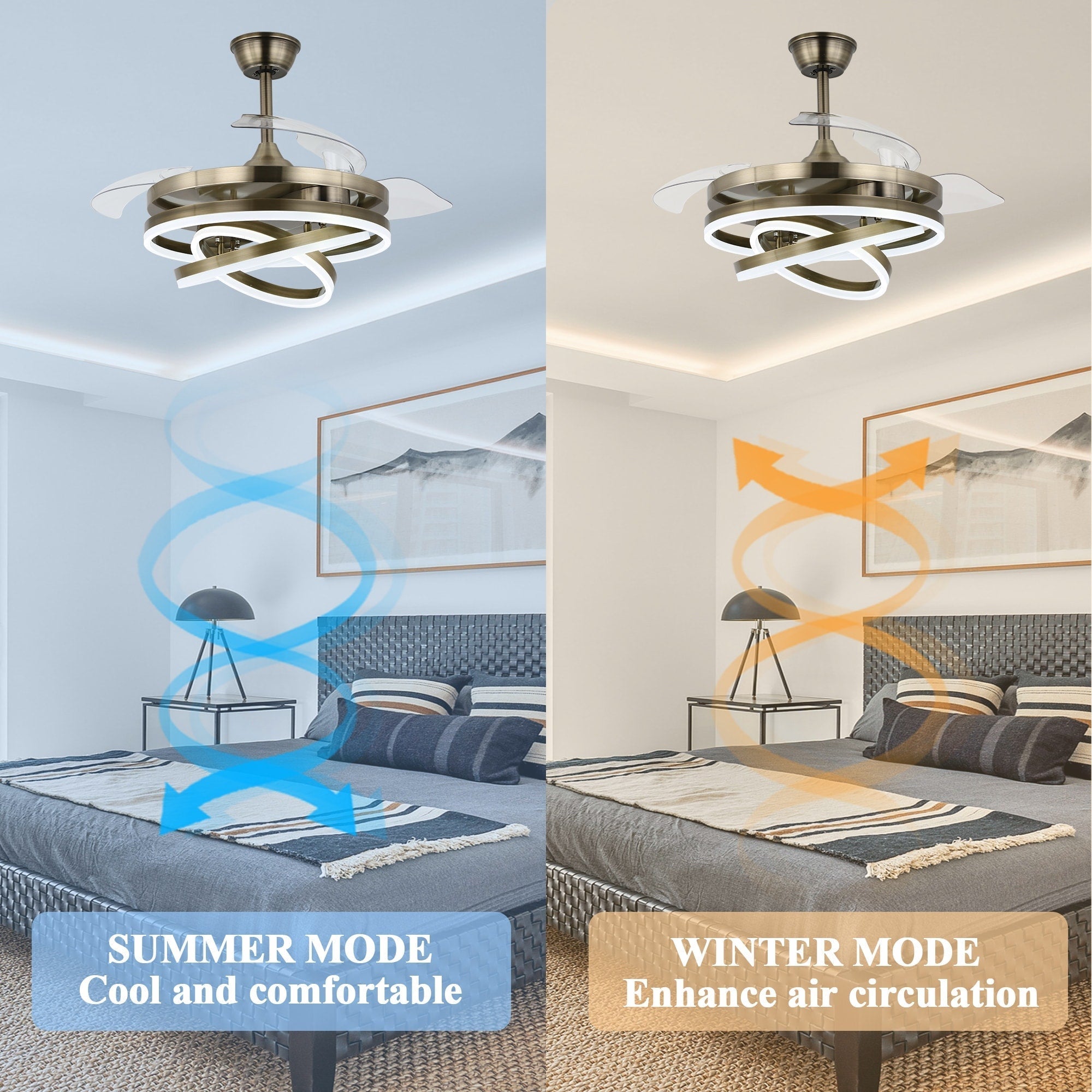 Ventilateur de plafond rétractable Cusp Barn 42 avec éclairage et télécommande, forme DIY, ventilateur moderne silencieux à moteur CC et plafonnier LED