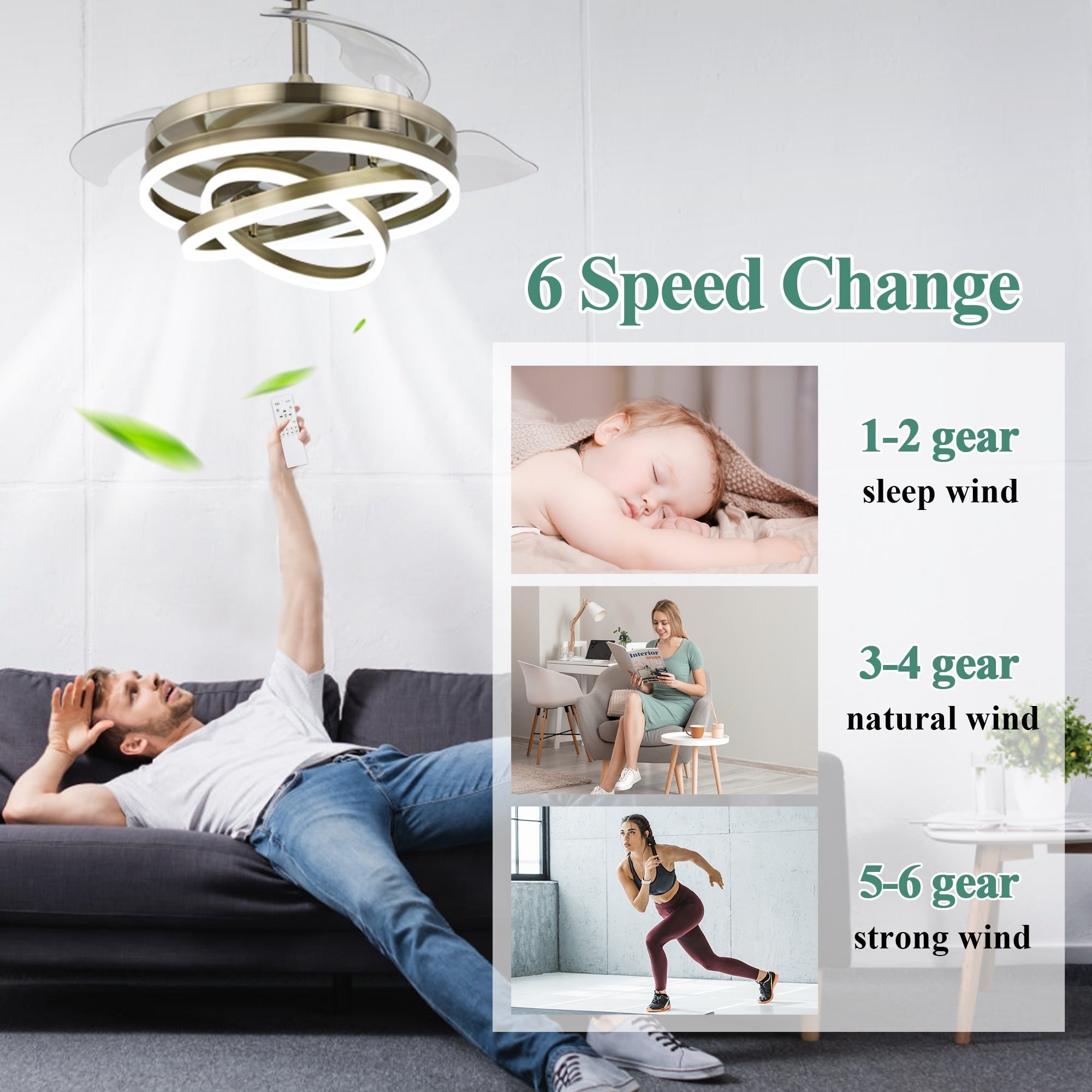 Ventilateur de plafond rétractable Cusp Barn 42 avec éclairage et télécommande, forme DIY, ventilateur moderne silencieux à moteur CC et plafonnier LED
