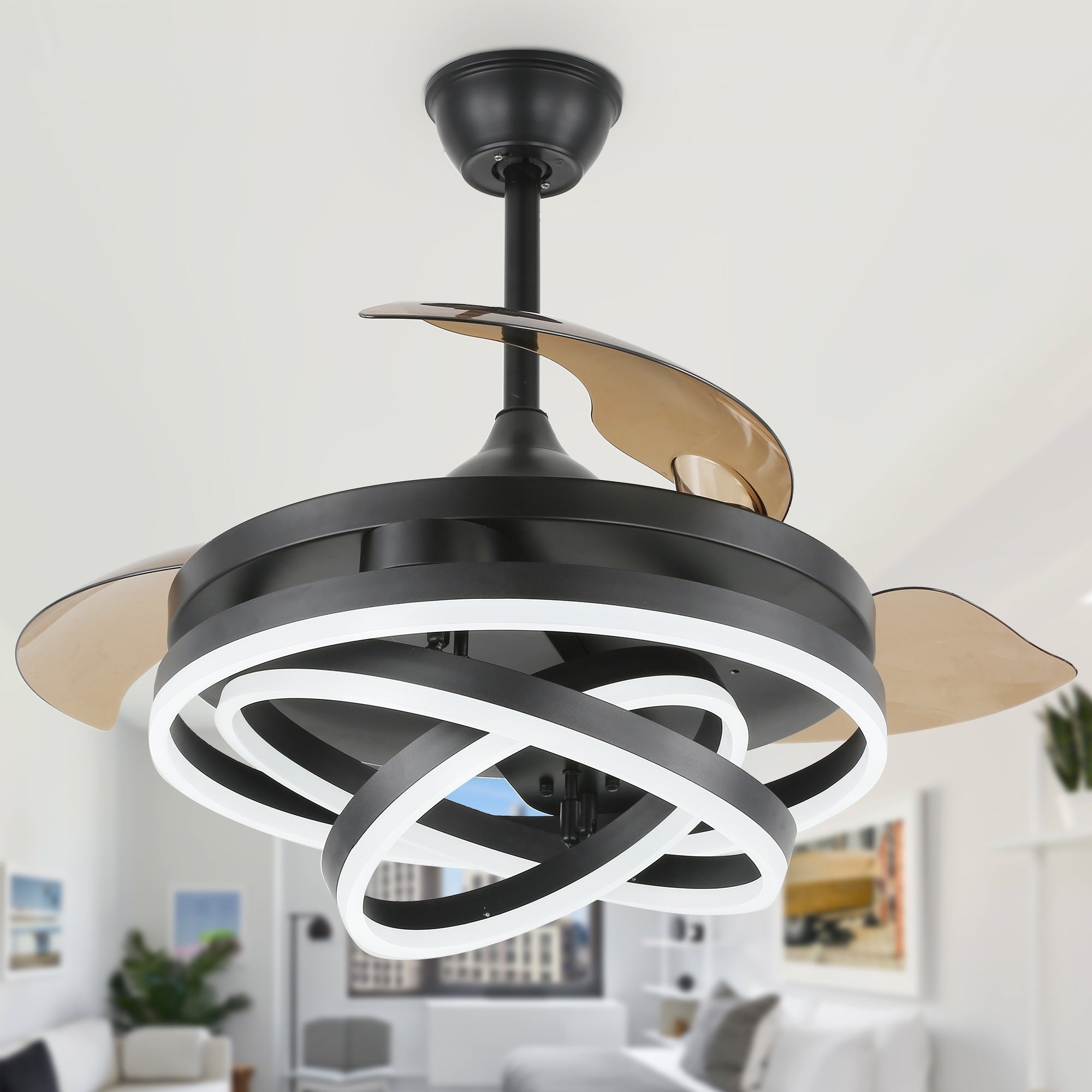 Ventilateur de plafond rétractable Cusp Barn 42 avec éclairage et télécommande, forme DIY, ventilateur moderne silencieux à moteur CC et plafonnier LED
