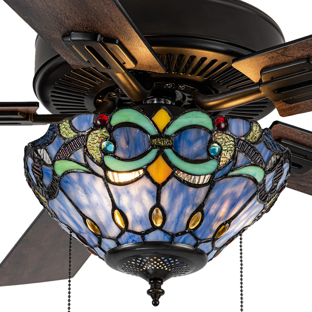 Ventilateur de plafond Della River of Goods en bronze huilé et vitrail, 52 pouces, 3 lumières, télécommandé