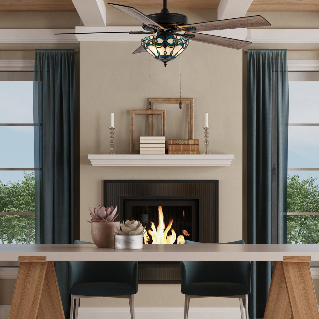 Ventilateur de plafond Della River of Goods en bronze huilé et vitrail, 52 pouces, 3 lumières, télécommandé