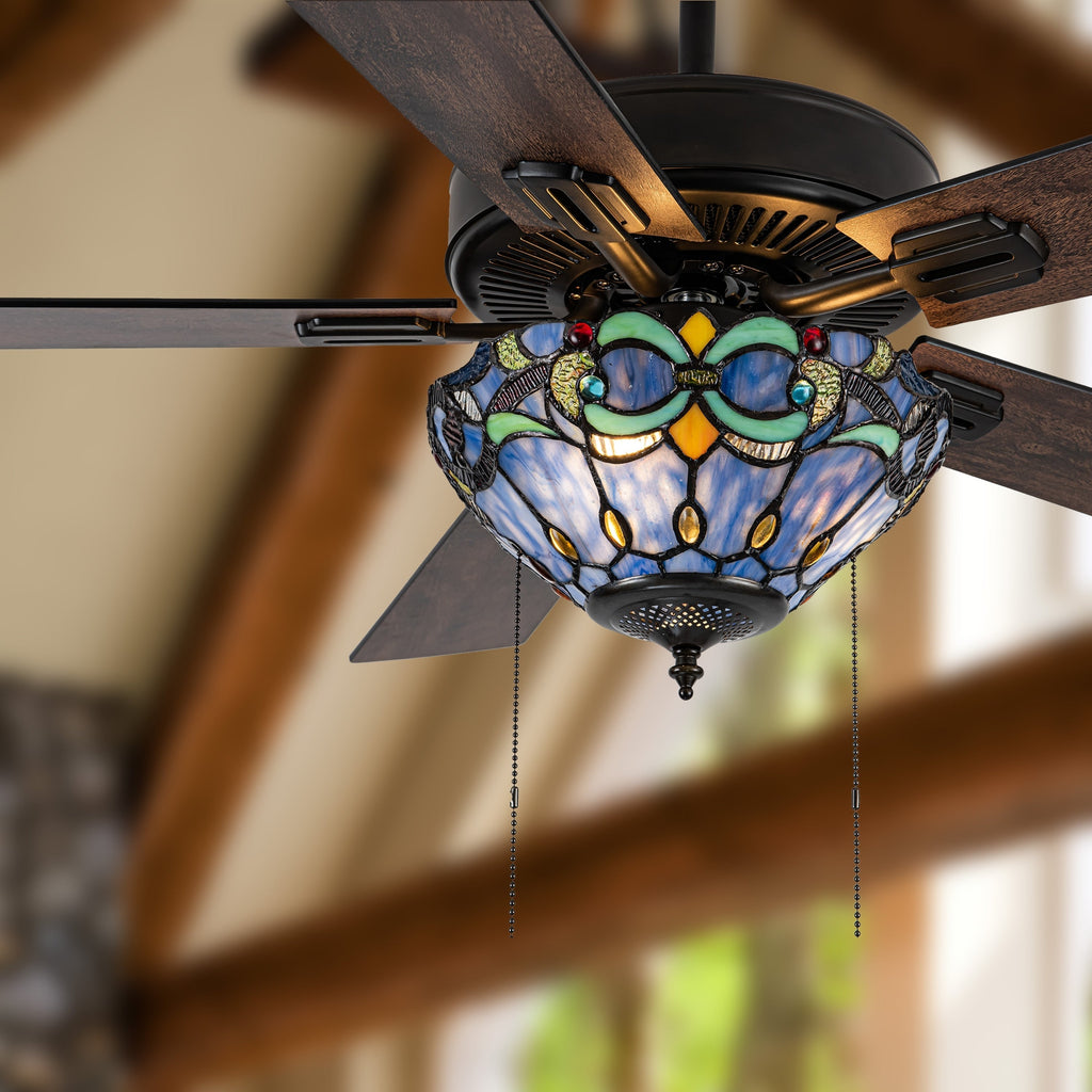 Ventilateur de plafond Della River of Goods en bronze huilé et vitrail, 52 pouces, 3 lumières, télécommandé