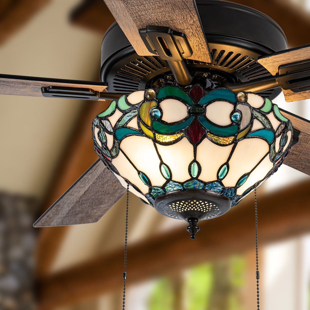 Ventilateur de plafond Della River of Goods en bronze huilé et vitrail, 52 pouces, 3 lumières, télécommandé