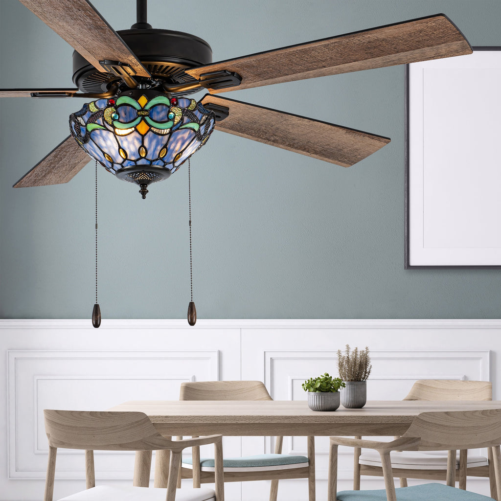 Ventilateur de plafond Della River of Goods en bronze huilé et vitrail, 52 pouces, 3 lumières, télécommandé