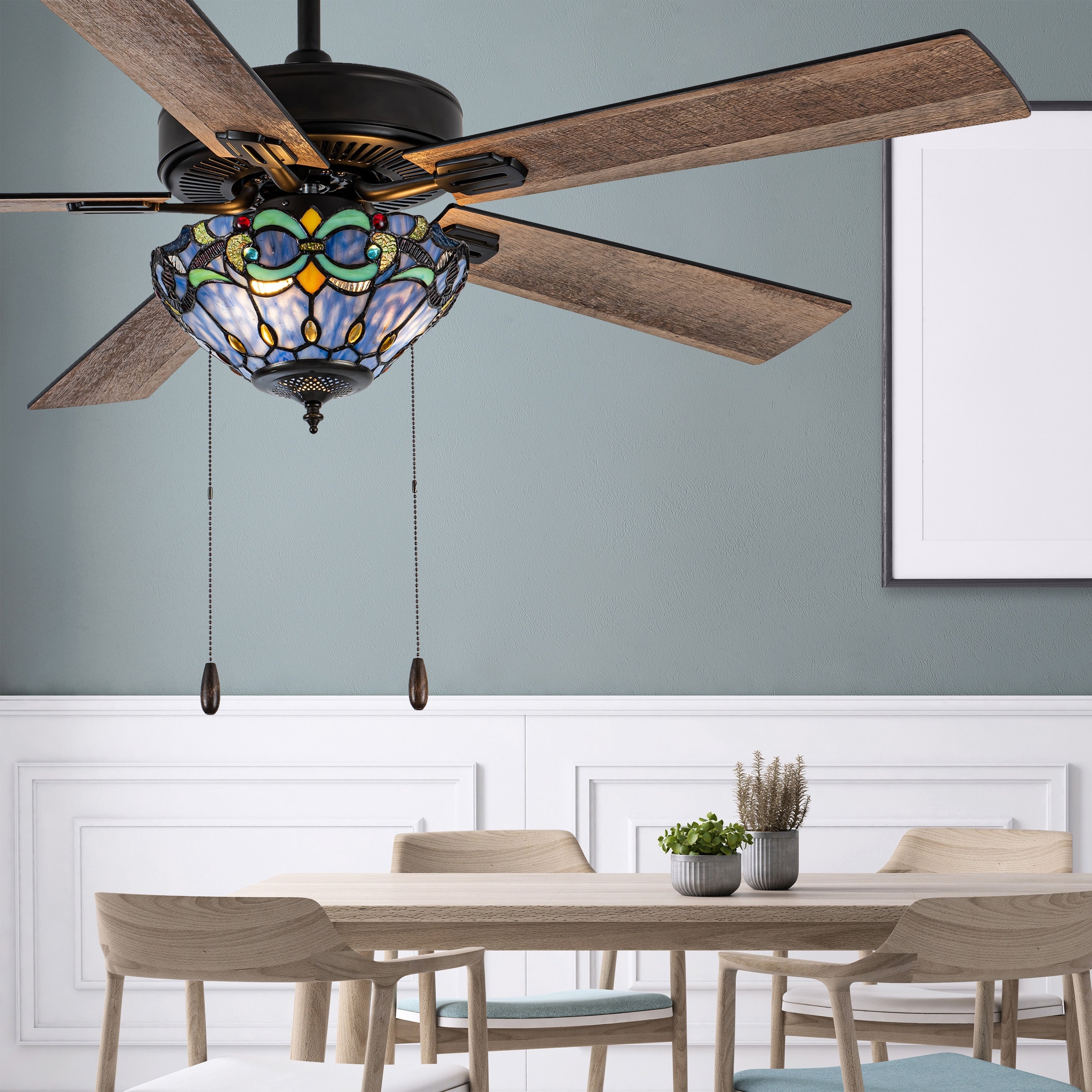 Ventilateur de plafond Della River of Goods en bronze huilé et vitrail, 52 pouces, 3 lumières, télécommandé