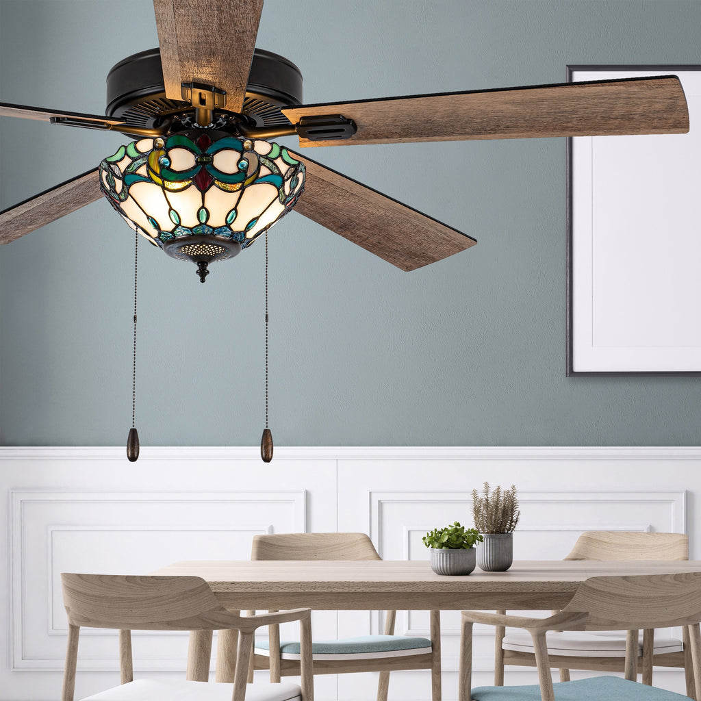 Ventilateur de plafond Della River of Goods en bronze huilé et vitrail, 52 pouces, 3 lumières, télécommandé