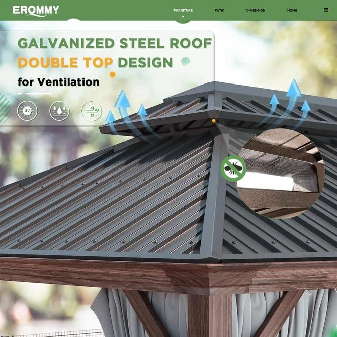 Gazebo Erommy à toit rigide avec structure en aluminium et double toit, gazebo extérieur permanent comprenant rideaux et moustiquaire pour terrasse ou jardin