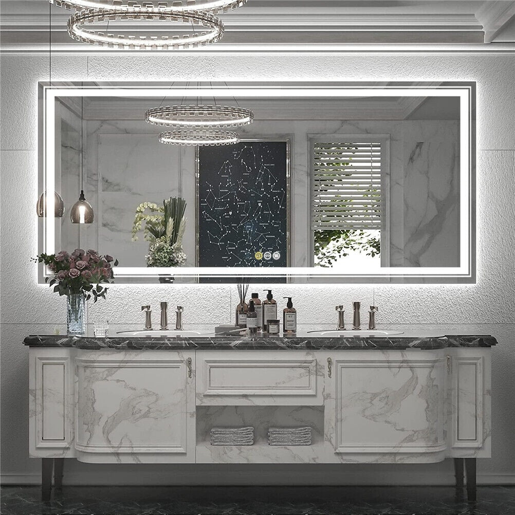 Miroir de salle de bain mural extra large avec éclairage LED, antibuée, 3 couleurs