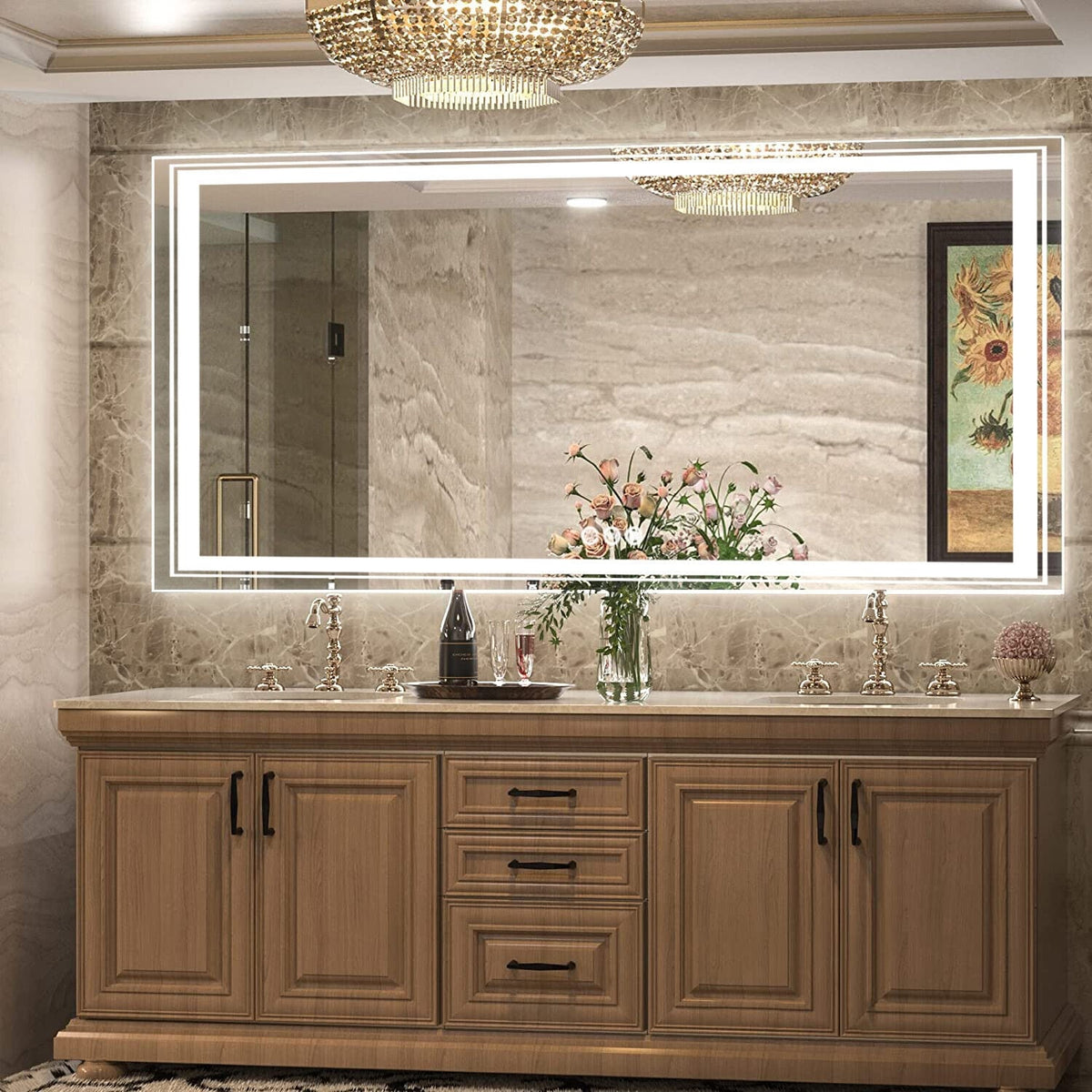 Miroir de salle de bain mural extra large avec éclairage LED, antibuée, 3 couleurs
