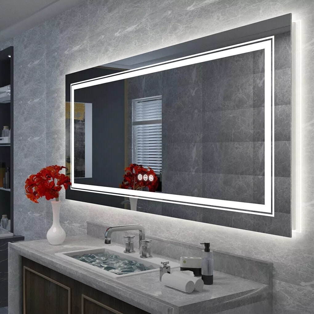Miroir de salle de bain mural extra large avec éclairage LED, antibuée, 3 couleurs