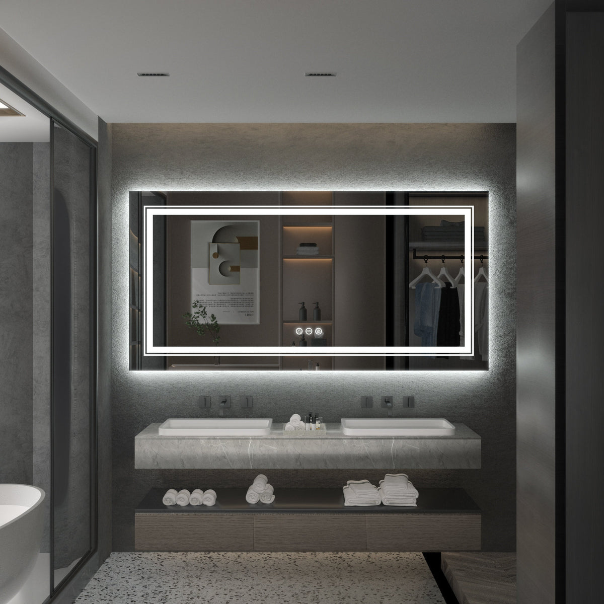 Miroir de salle de bain mural extra large avec éclairage LED, antibuée, 3 couleurs