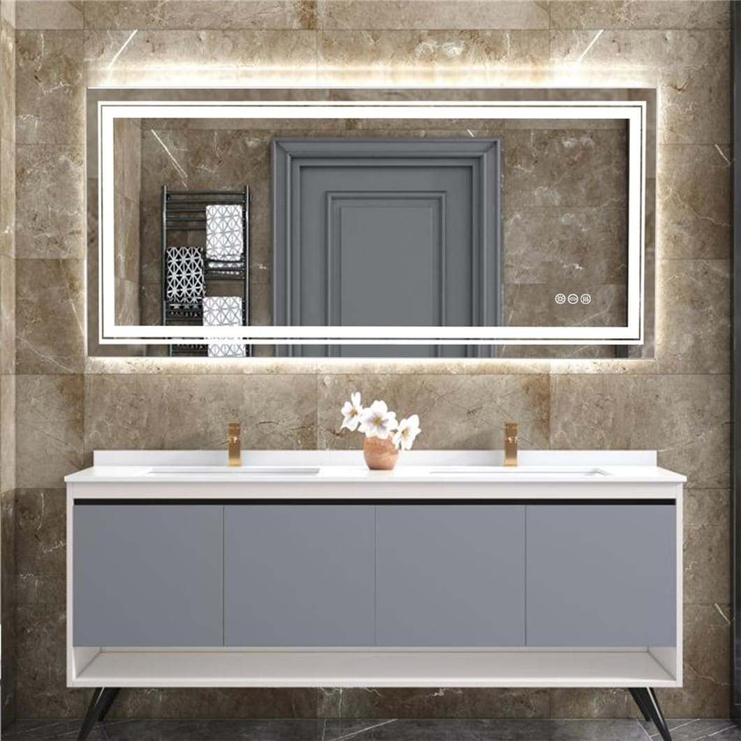 Miroir de salle de bain mural extra large avec éclairage LED, antibuée, 3 couleurs
