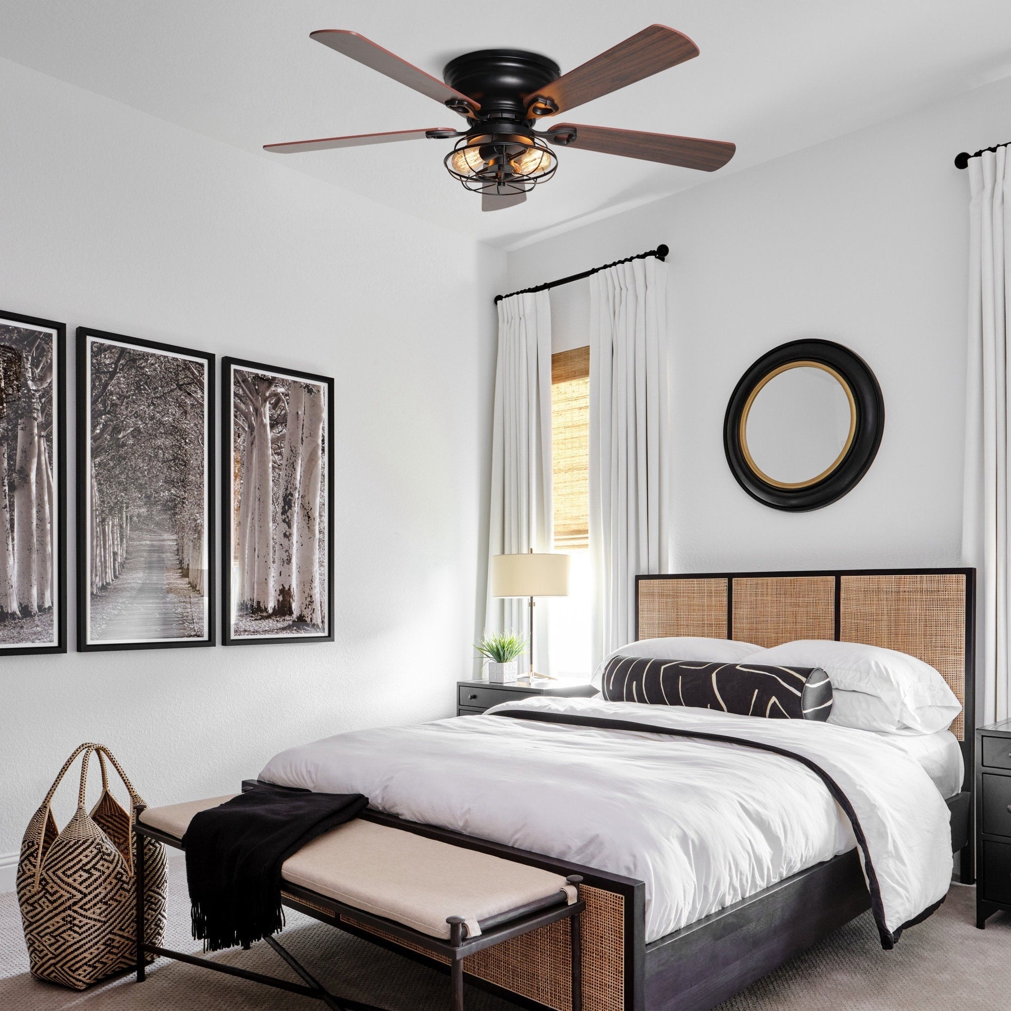 Ventilateur de plafond encastré noir style ferme, 48 po, 5 pales, en bois, profil bas, avec télécommande et ensemble d'éclairage
