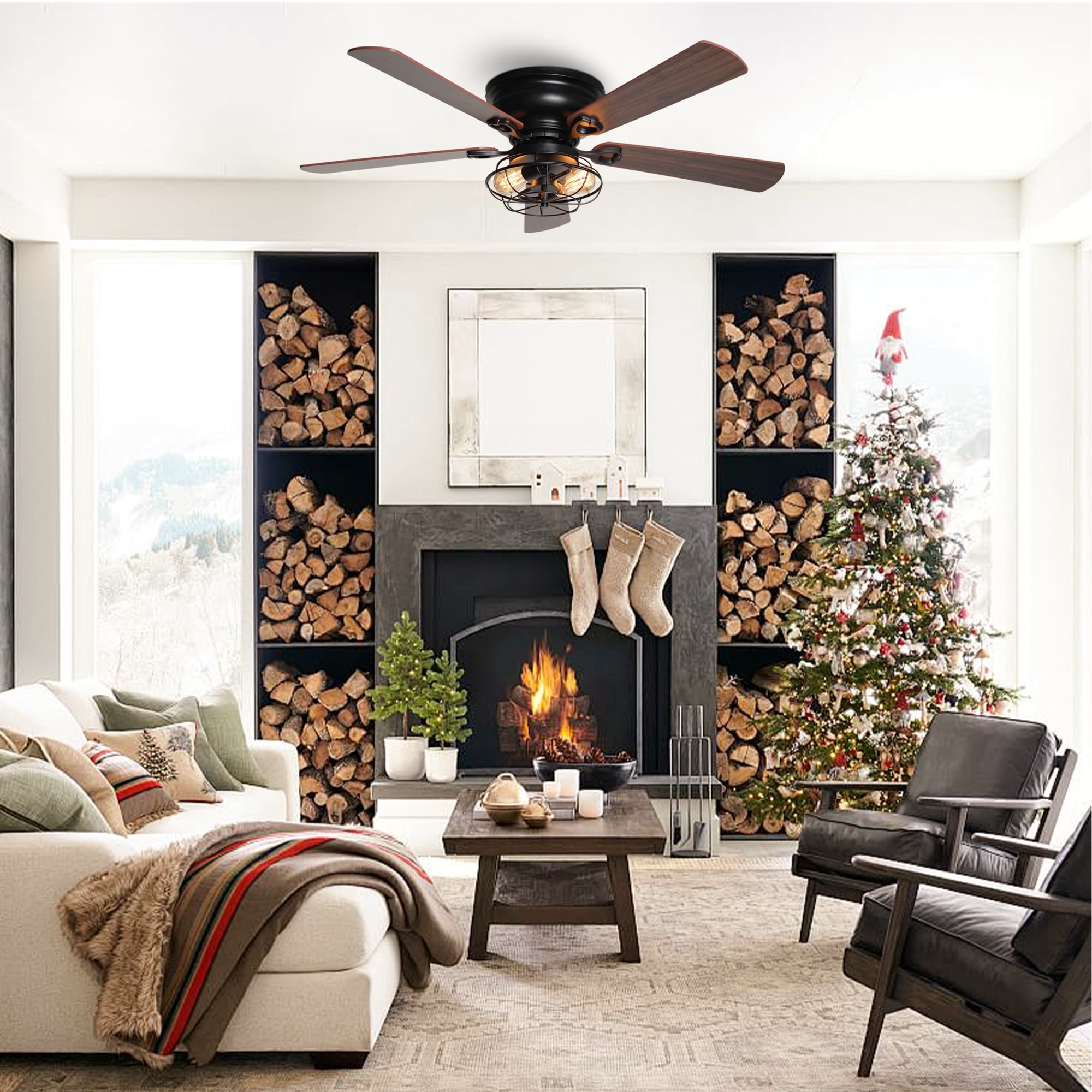 Ventilateur de plafond encastré noir style ferme, 48 po, 5 pales, en bois, profil bas, avec télécommande et ensemble d'éclairage