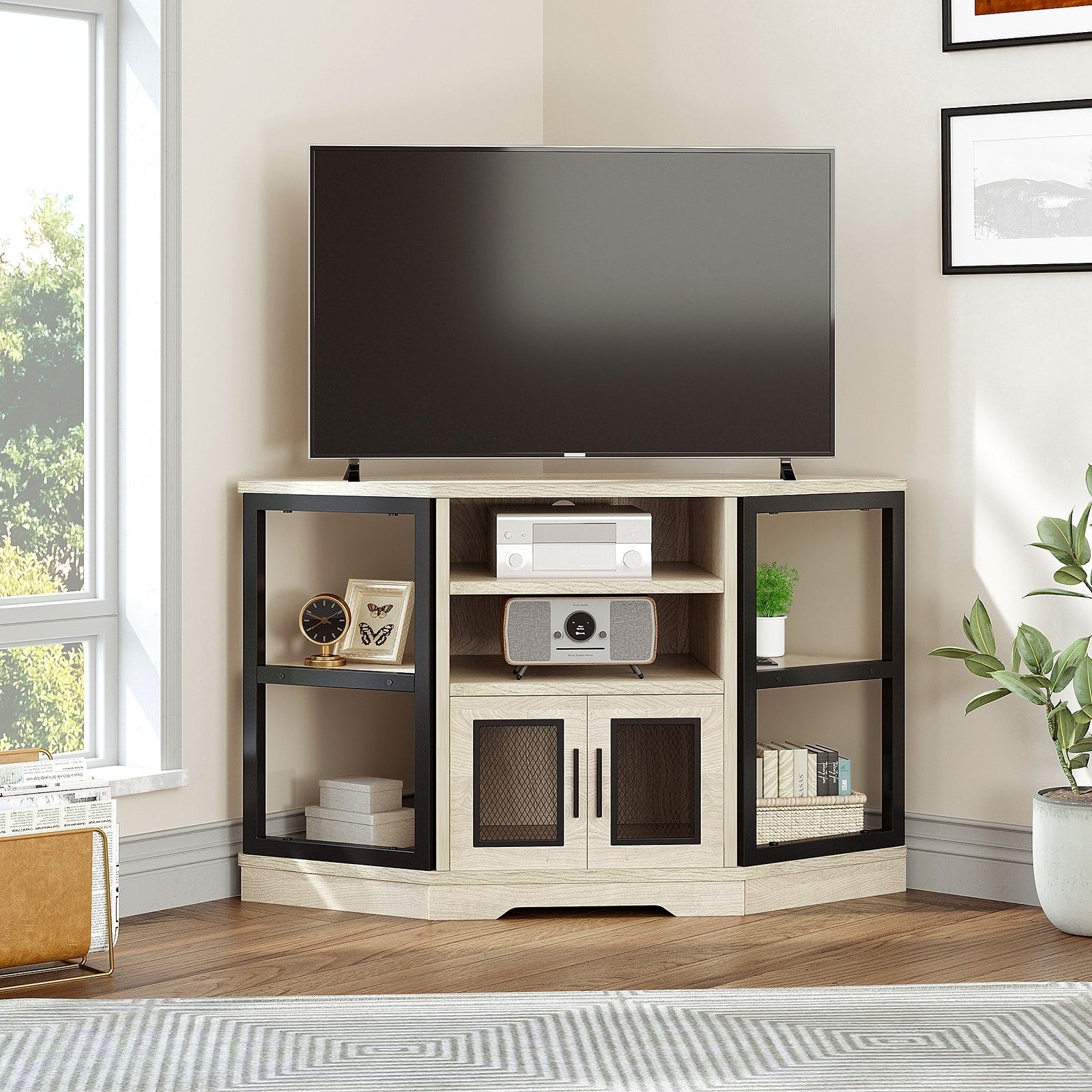 Meuble TV d'angle style ferme, console multimédia pour téléviseurs jusqu'à 55 pouces avec prise électrique