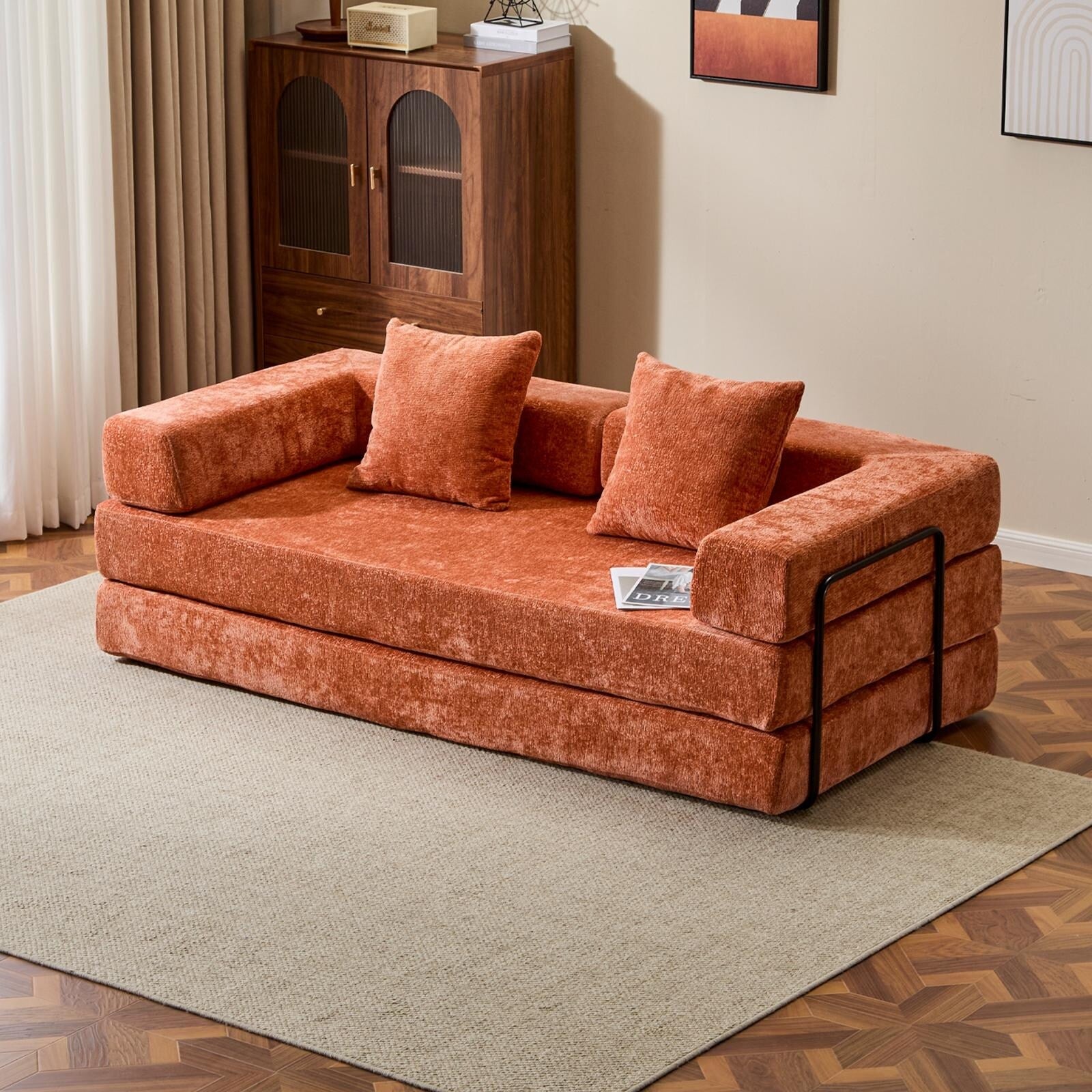 Canapé-lit de sol convertible avec dossier à coussins en tissu chenille pour salon et chambre à coucher