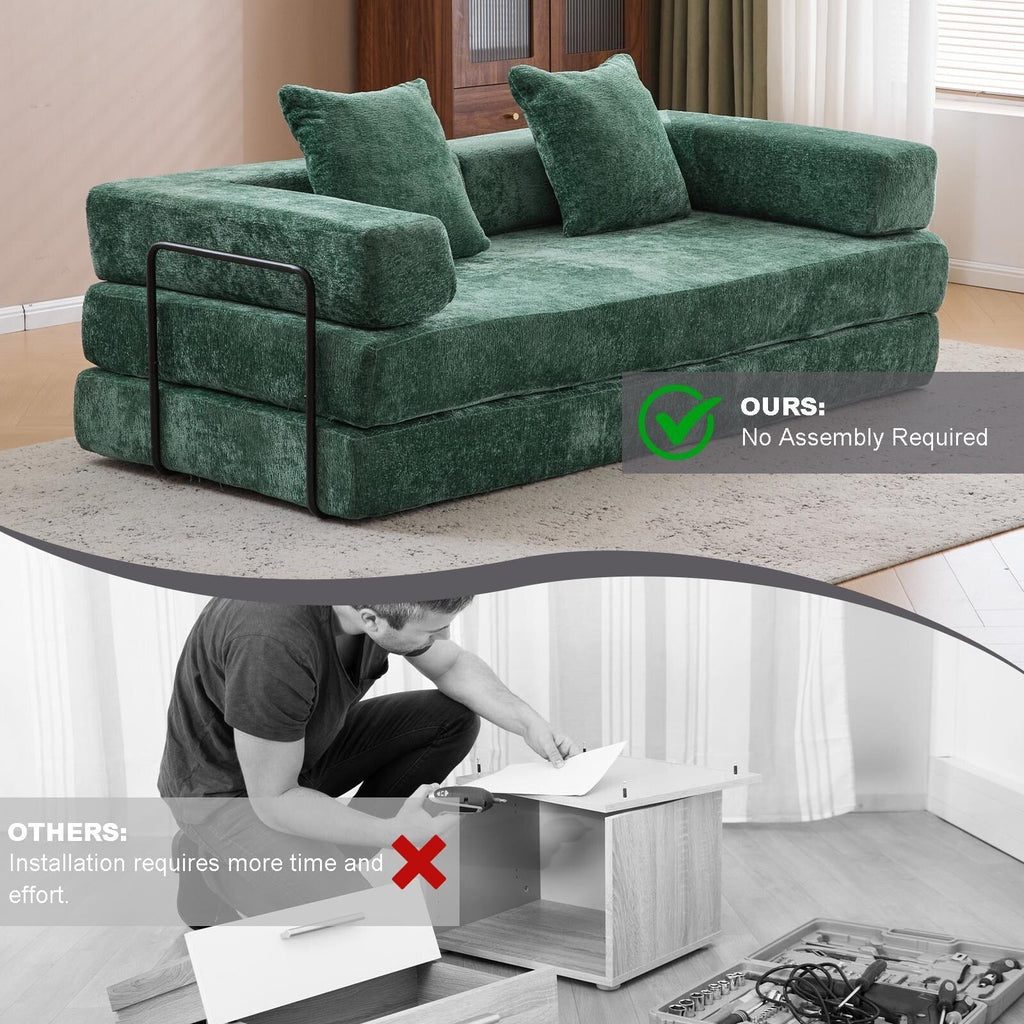 Canapé-lit de sol convertible avec dossier à coussins en tissu chenille pour salon et chambre à coucher