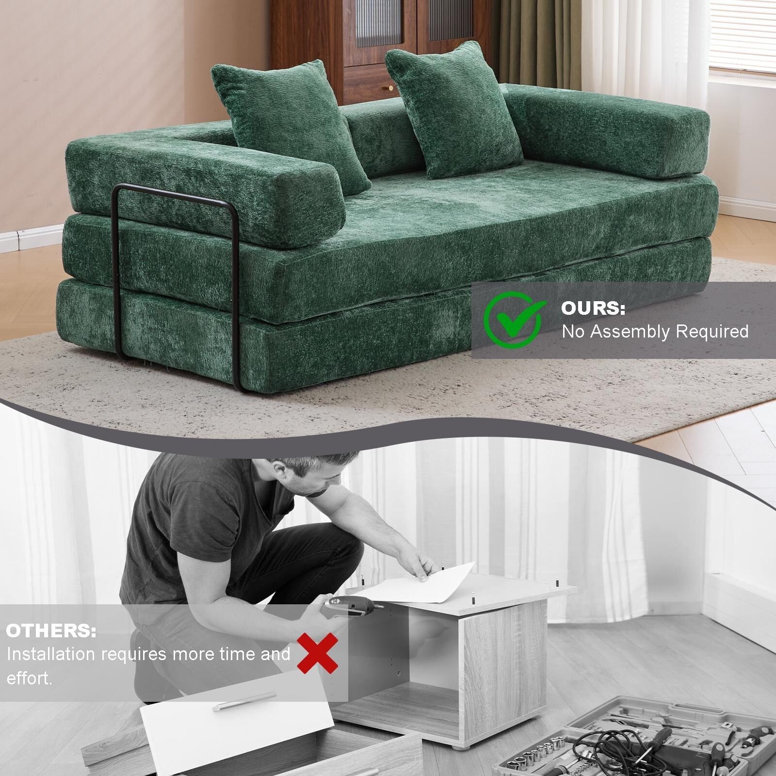 Canapé-lit de sol convertible avec dossier à coussins en tissu chenille pour salon et chambre à coucher