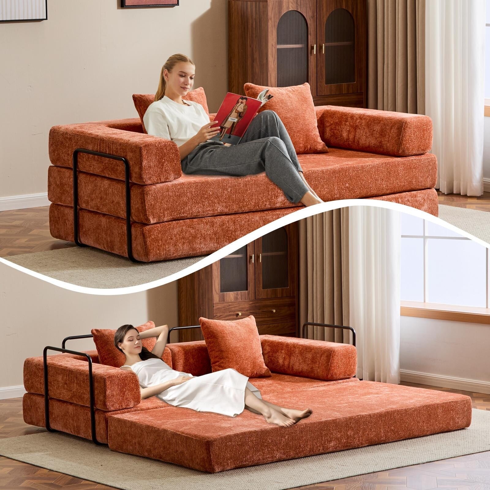 Canapé-lit de sol convertible avec dossier à coussins en tissu chenille pour salon et chambre à coucher