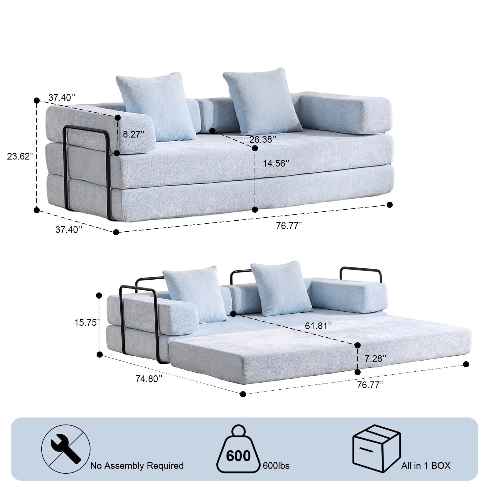 Canapé-lit de sol convertible avec dossier à coussins en tissu chenille pour salon et chambre à coucher