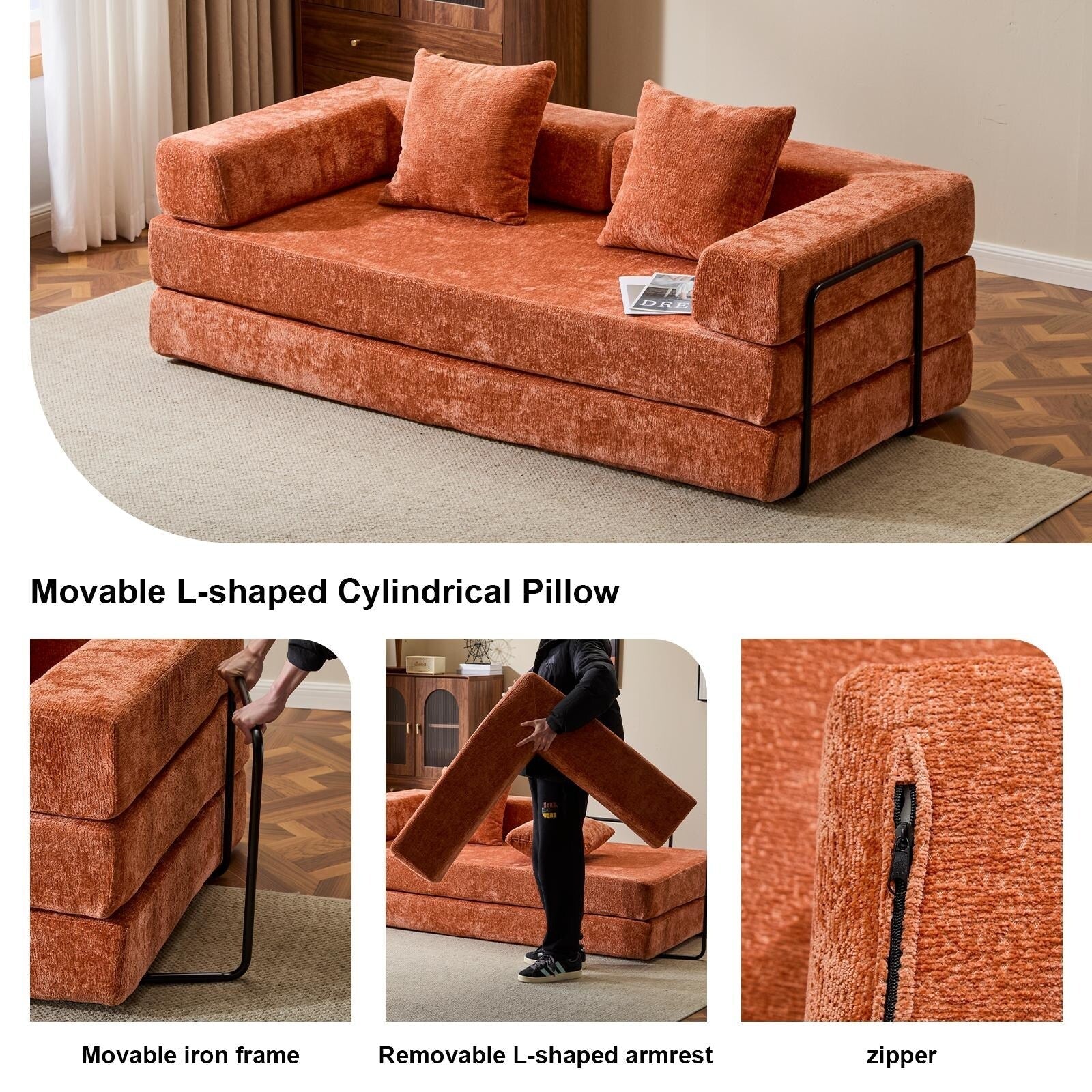 Canapé-lit de sol convertible avec dossier à coussins en tissu chenille pour salon et chambre à coucher