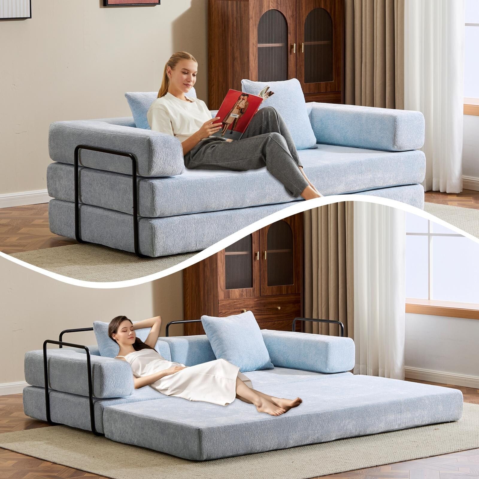 Canapé-lit de sol convertible avec dossier à coussins en tissu chenille pour salon et chambre à coucher