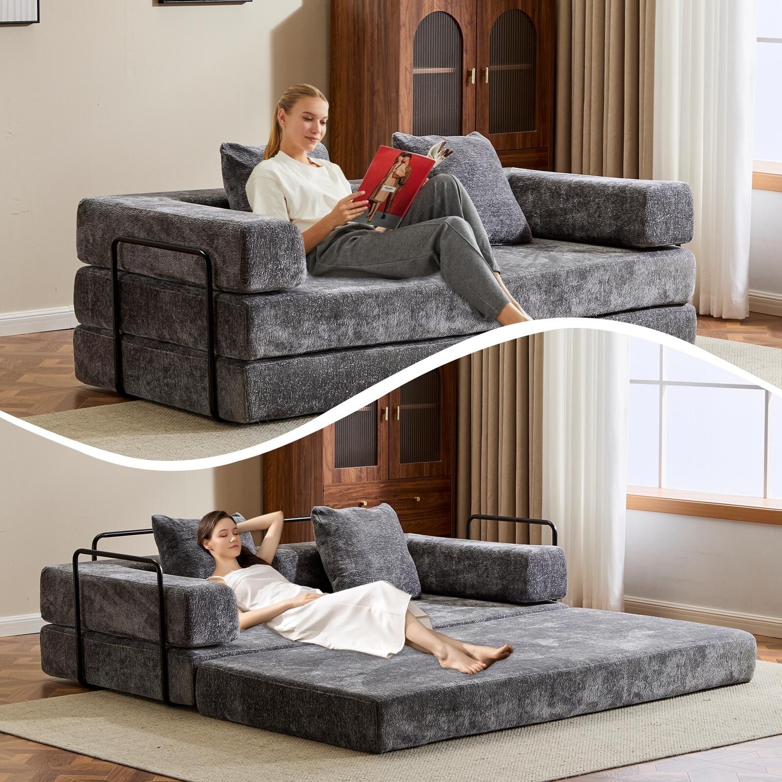 Canapé-lit de sol convertible avec dossier à coussins en tissu chenille pour salon et chambre à coucher