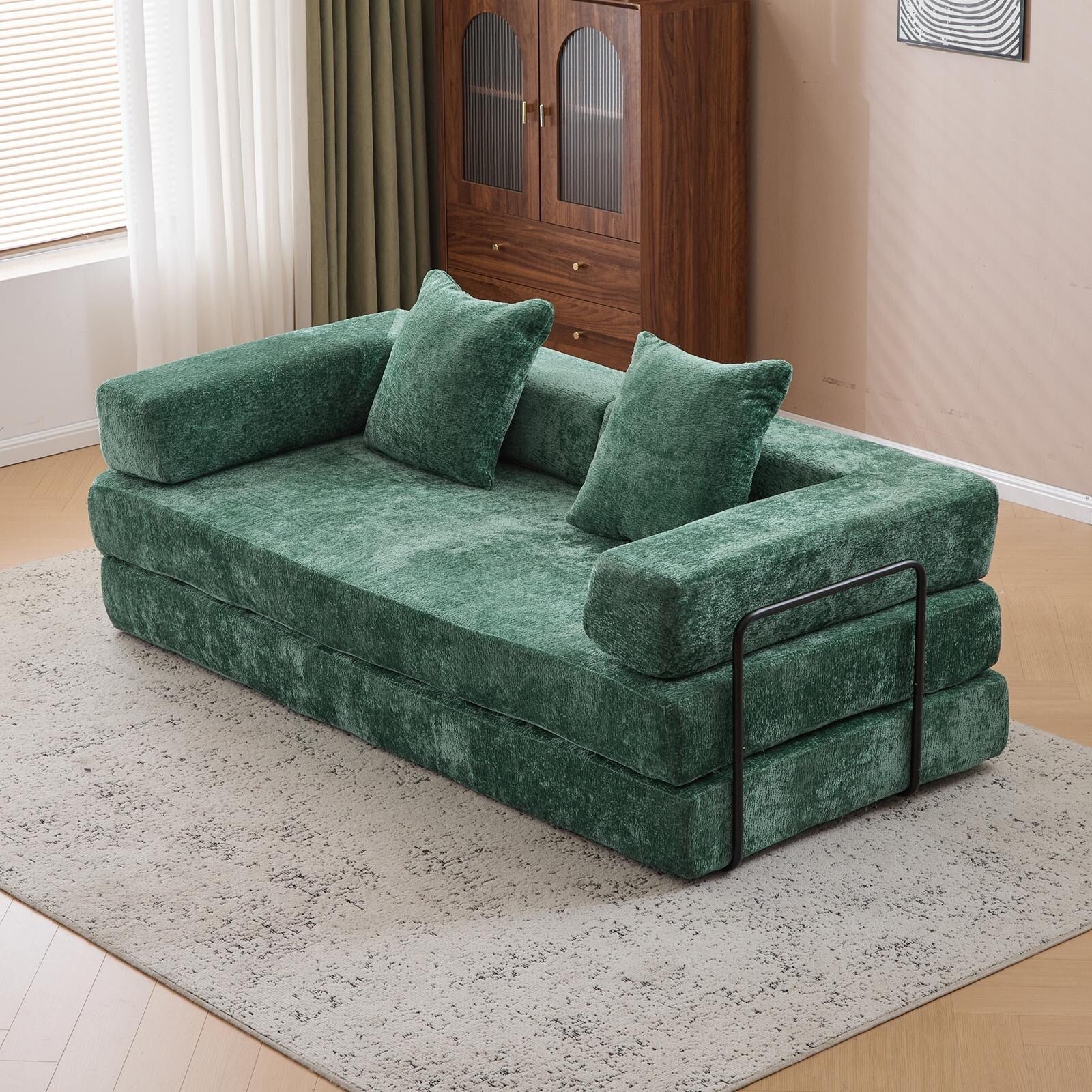 Canapé-lit de sol convertible avec dossier à coussins en tissu chenille pour salon et chambre à coucher