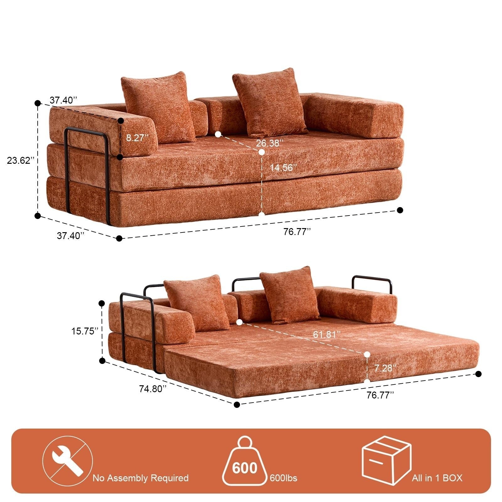 Canapé-lit de sol convertible avec dossier à coussins en tissu chenille pour salon et chambre à coucher