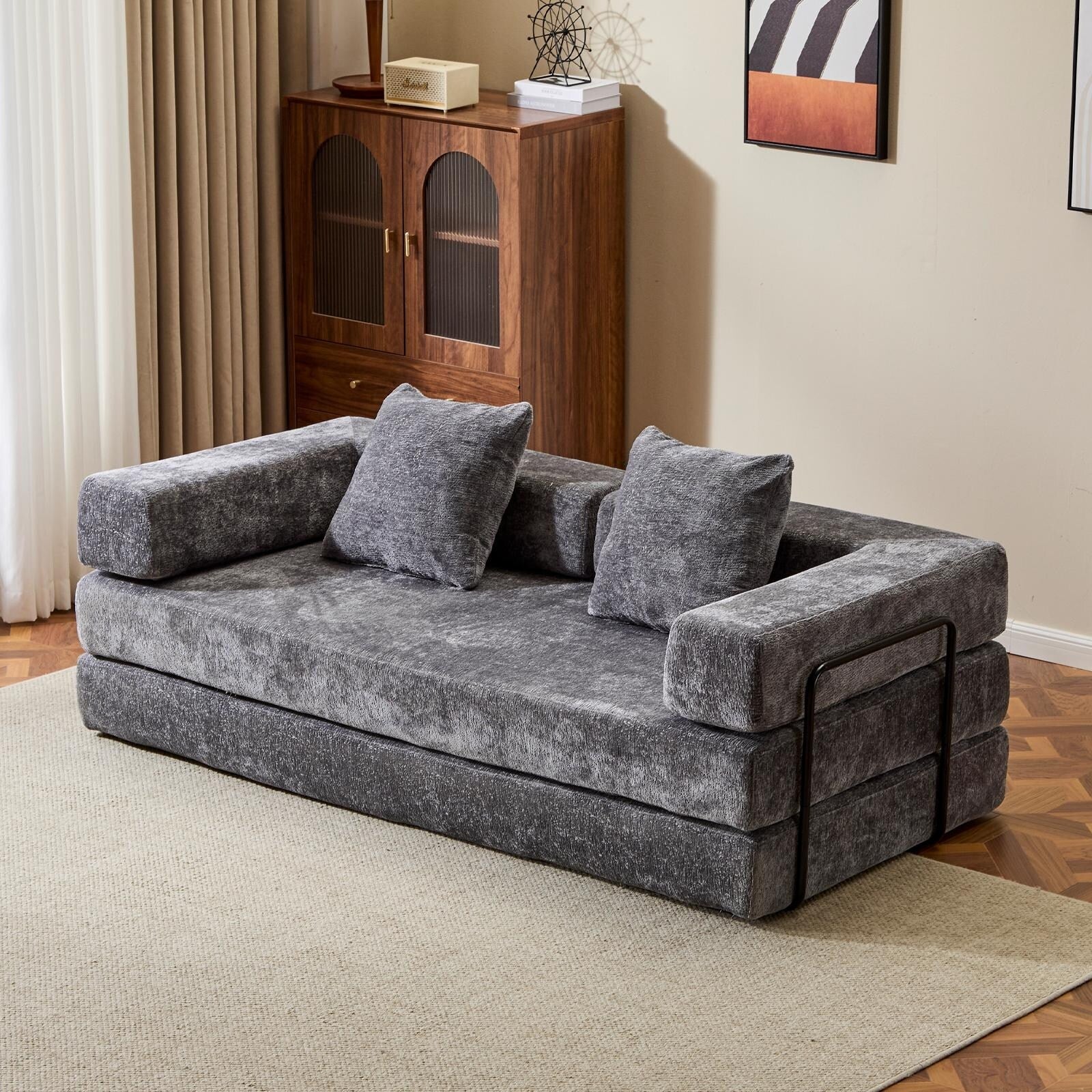Canapé-lit de sol convertible avec dossier à coussins en tissu chenille pour salon et chambre à coucher