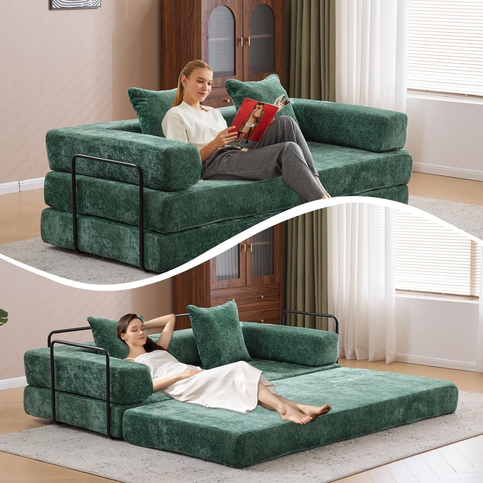 Canapé-lit de sol convertible avec dossier à coussins en tissu chenille pour salon et chambre à coucher
