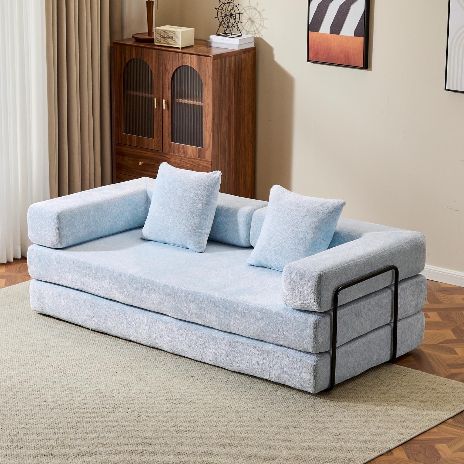 Canapé-lit de sol convertible avec dossier à coussins en tissu chenille pour salon et chambre à coucher